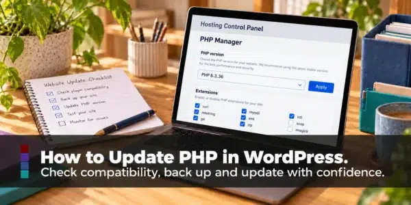 Laptop showing a PHP Manager with PHP 8.3.36 selected beside a website update checklist, with the headline How to Update PHP in WordPress.
