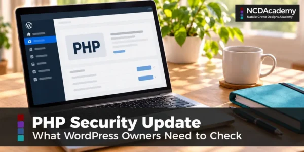 Laptop displaying PHP settings with NCDAcademy branding and a PHP security update headline for WordPress website owners.